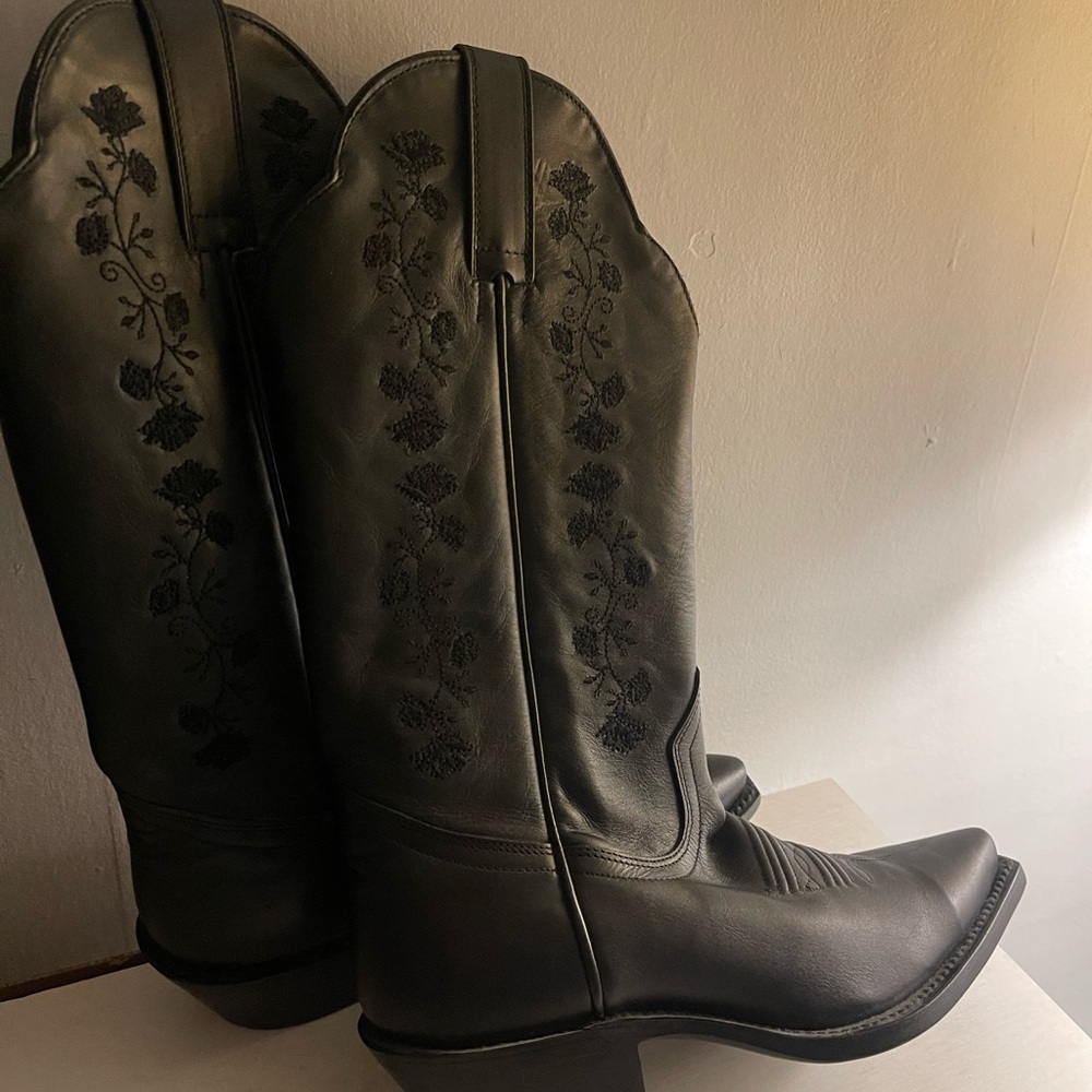 Black Embroidered Heeled Boots